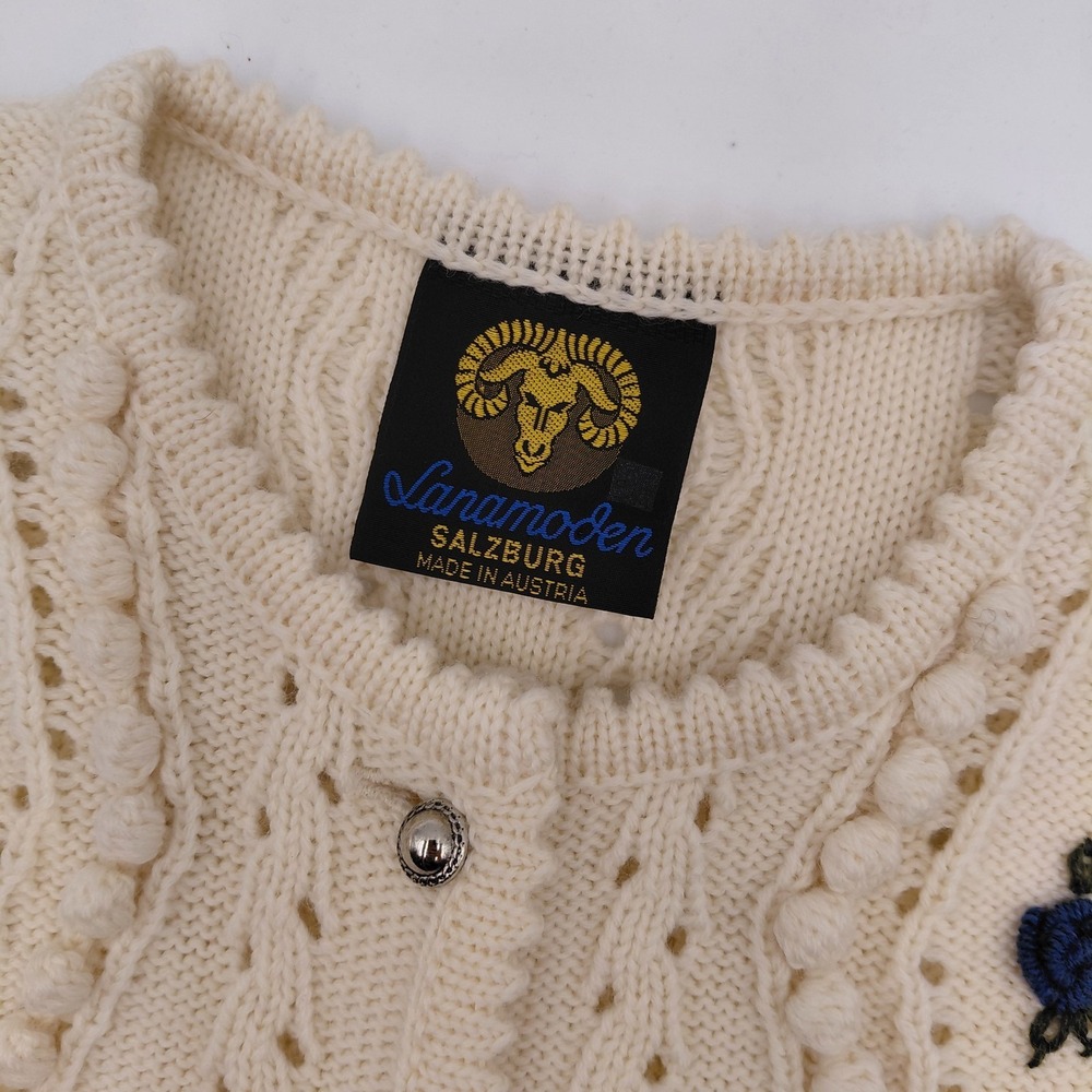 Vtg Lanamoden Salzburg Cream Wool Cable Knit Cardigan 3D Austria Cottagecore - Picture 4 of 9